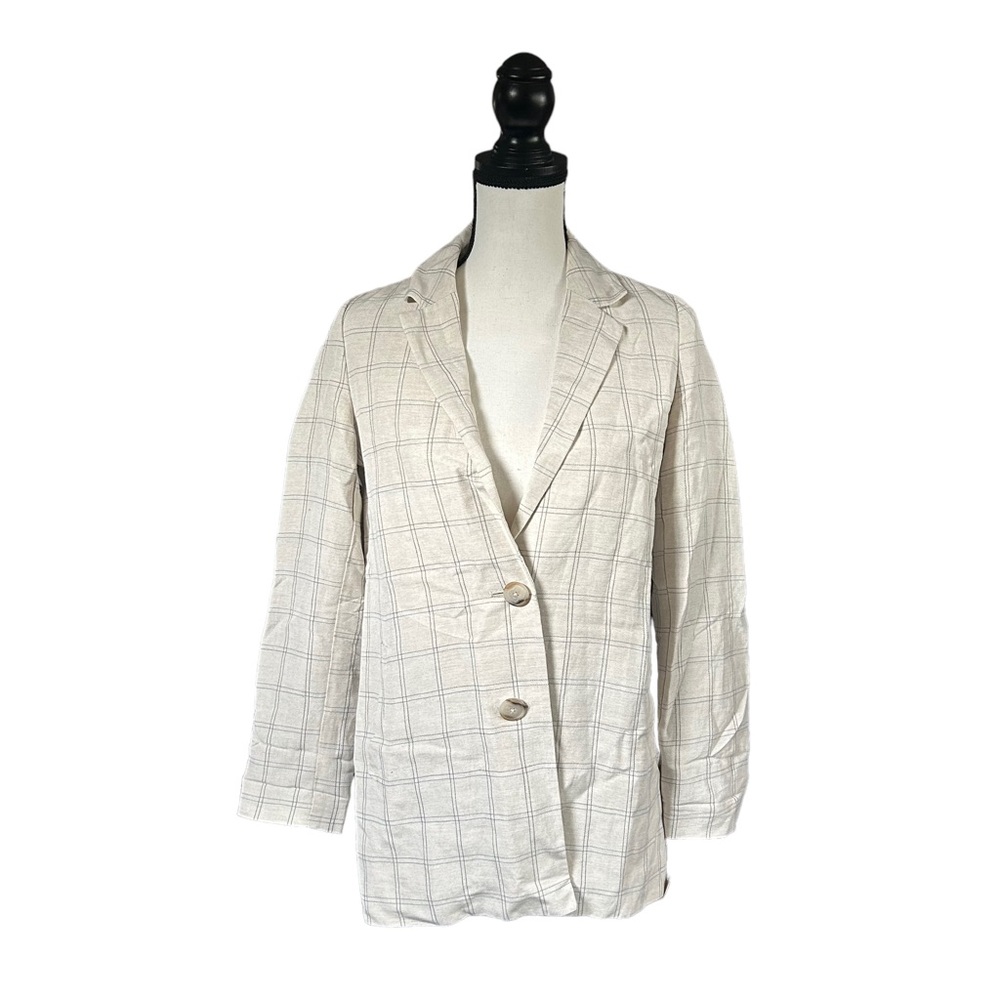 Madewell Dorset Blazer in Windowpane Neutral Plaid Linen Blend Preppy Coastal XS